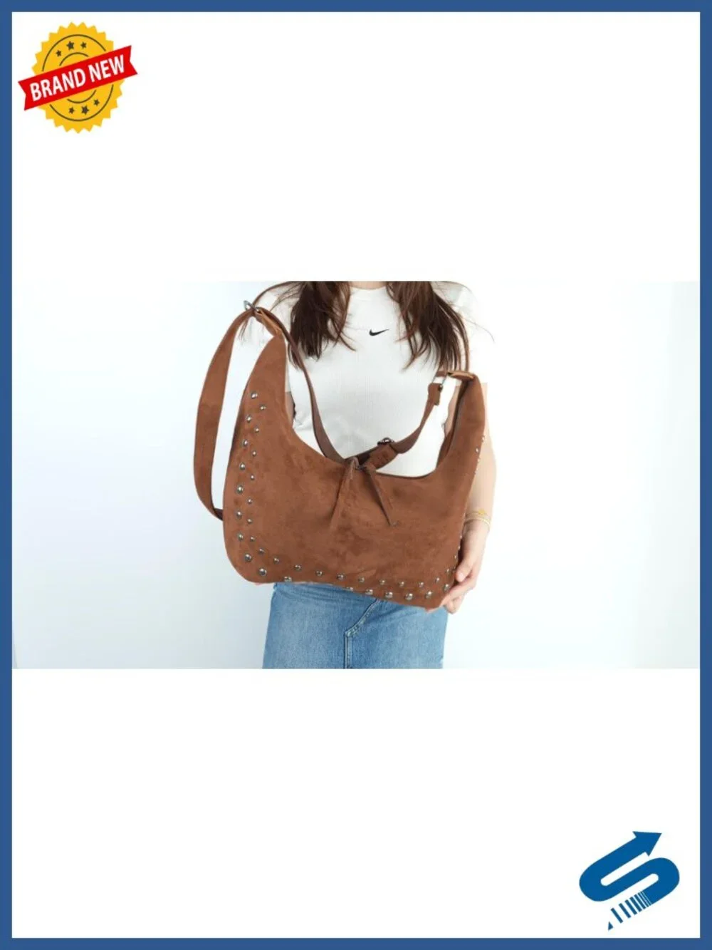 Studded Faux Suede Hobo Bag with Adjustable Strap, Spacious Tote Purse